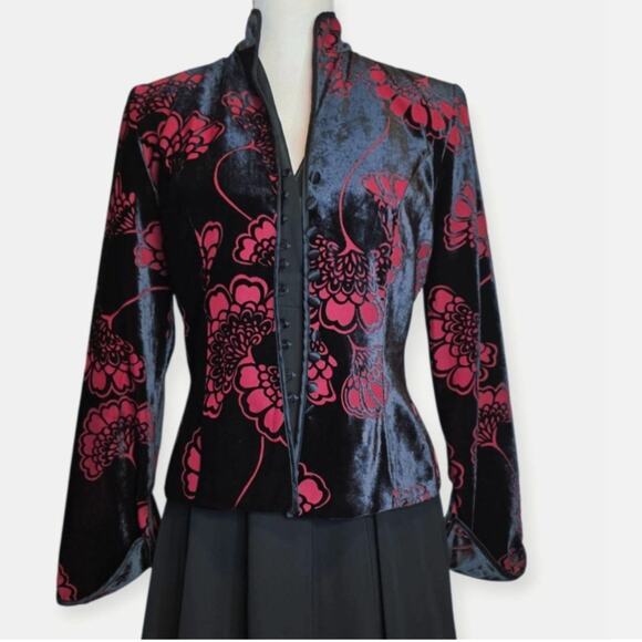 Romantic Goth Silk Blend Velvet Burnout Evening Jacket Floral Statement - Picture 2 of 15